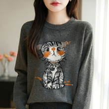 法式卡通猫咪图案圆领针织衫女灰色长袖加厚保暖打底毛衣可爱风冬