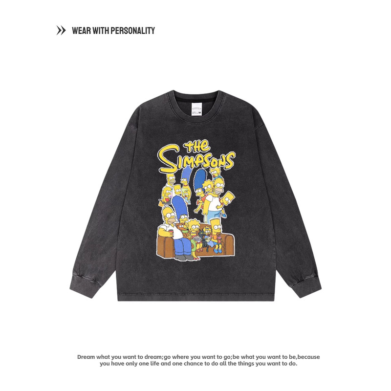 The Simpsons American Retro Washed Cotton Breathable Crew Neck T-Shirt with Long and Short Sleeves, Loose Heavyweight Hooded Sweatshirt The Simpsons American Retro Washed Cotton Breathable Crew Neck T-Shirt with Long and Short Sleeves, Loose Heavyweight Hooded Sweatshirt