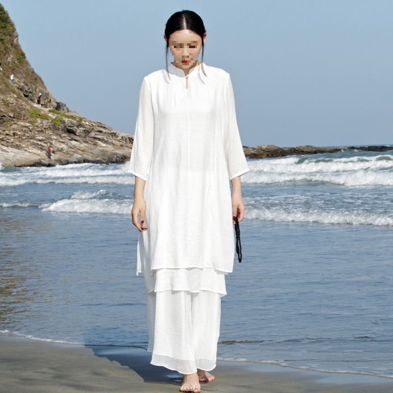 中式女装连衣裙棉麻双层长款禅服茶服会议工作服养生冥想居士打坐|undefined
