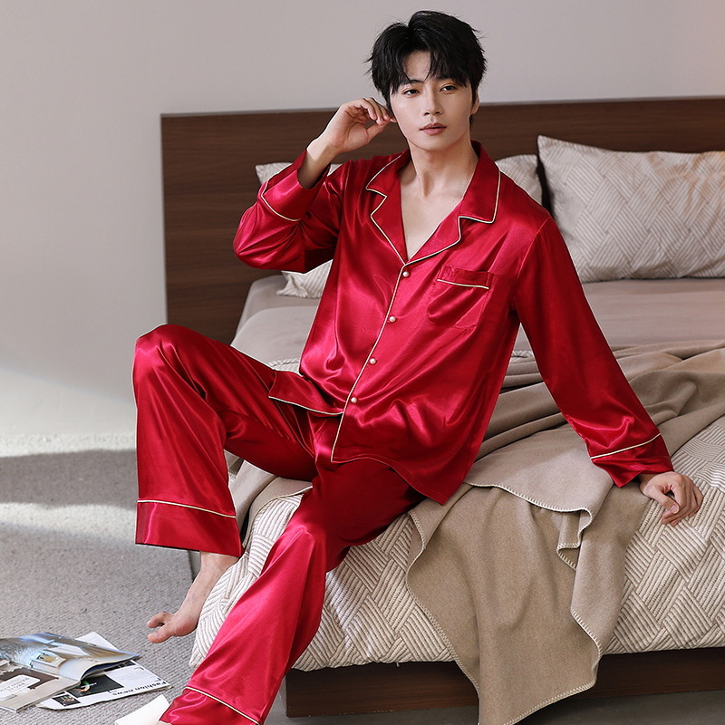 LUHAO 잠옷 남성 가을 가디건 긴 소매 얼음 실크 남성 가정 의류 가을 멋진 세트 수 놓은 선물 수 있습니다