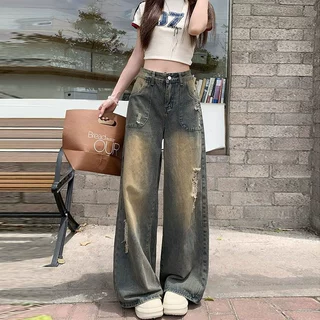 夏季新款女装蓝色破洞牛仔裤显瘦辣妹宽松拖地百搭宽松拖地直筒裤