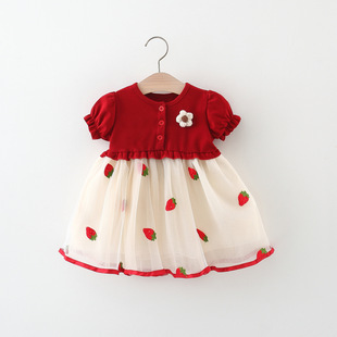 Summer New Children's Clothing Wholesale Knitted Splicing Wool Flower Short-Sleeved Dress Export New Style