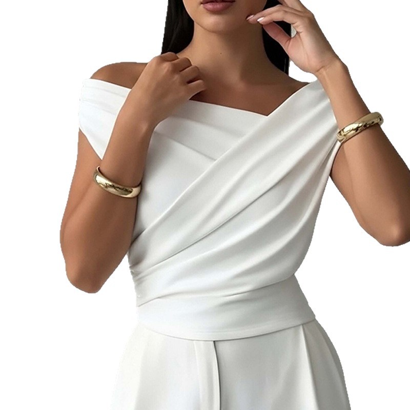 2026 primavera nuevo comercio exterior transfronterizo de Europa y América ropa de mujer sexy hombro abierto irregular cuello pequeño chaleco camisa de manga corta