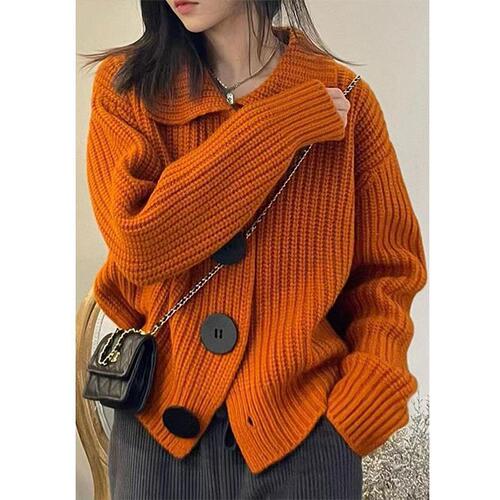 Pumpkin Orange Collar Knitted Cardigan Sweater Coat for Women Autumn/Winter French Retro Style Loose European Style Coat