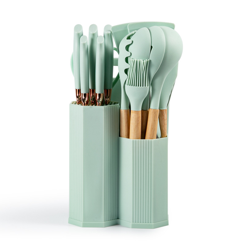 Mango de madera de cocina de silicona 19 piezas de cocina antideslizante antiadherente conjunto de cocina de aluminio