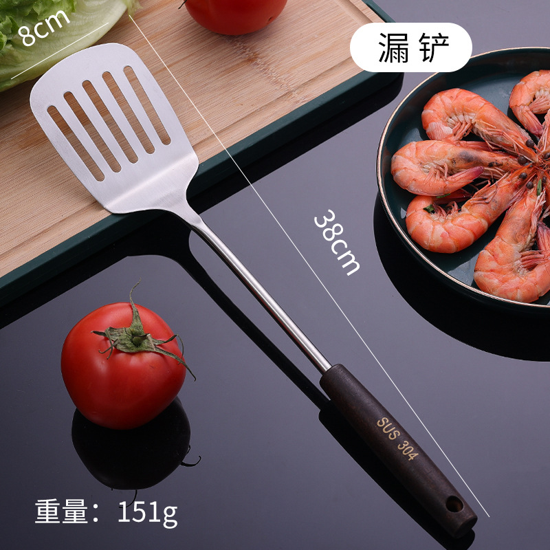 304 espátula de acero inoxidable mango de madera cuchara de sopa freír pala espátula utensilios de cocina para el hogar traje al por mayor