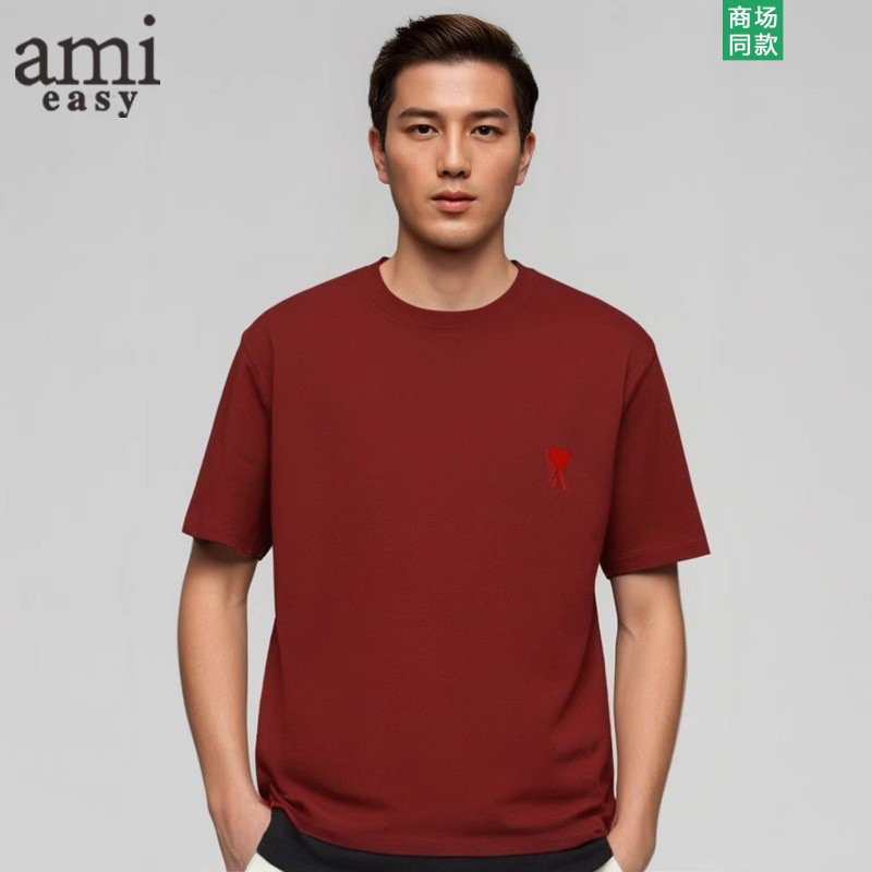 AMI&EASY 小さな愛の刺繍 Tシャツ 半袖 メンズ ゆったり オフショルダー 夏 トレンド ファッション 半袖 トップス Tシャツ|undefined