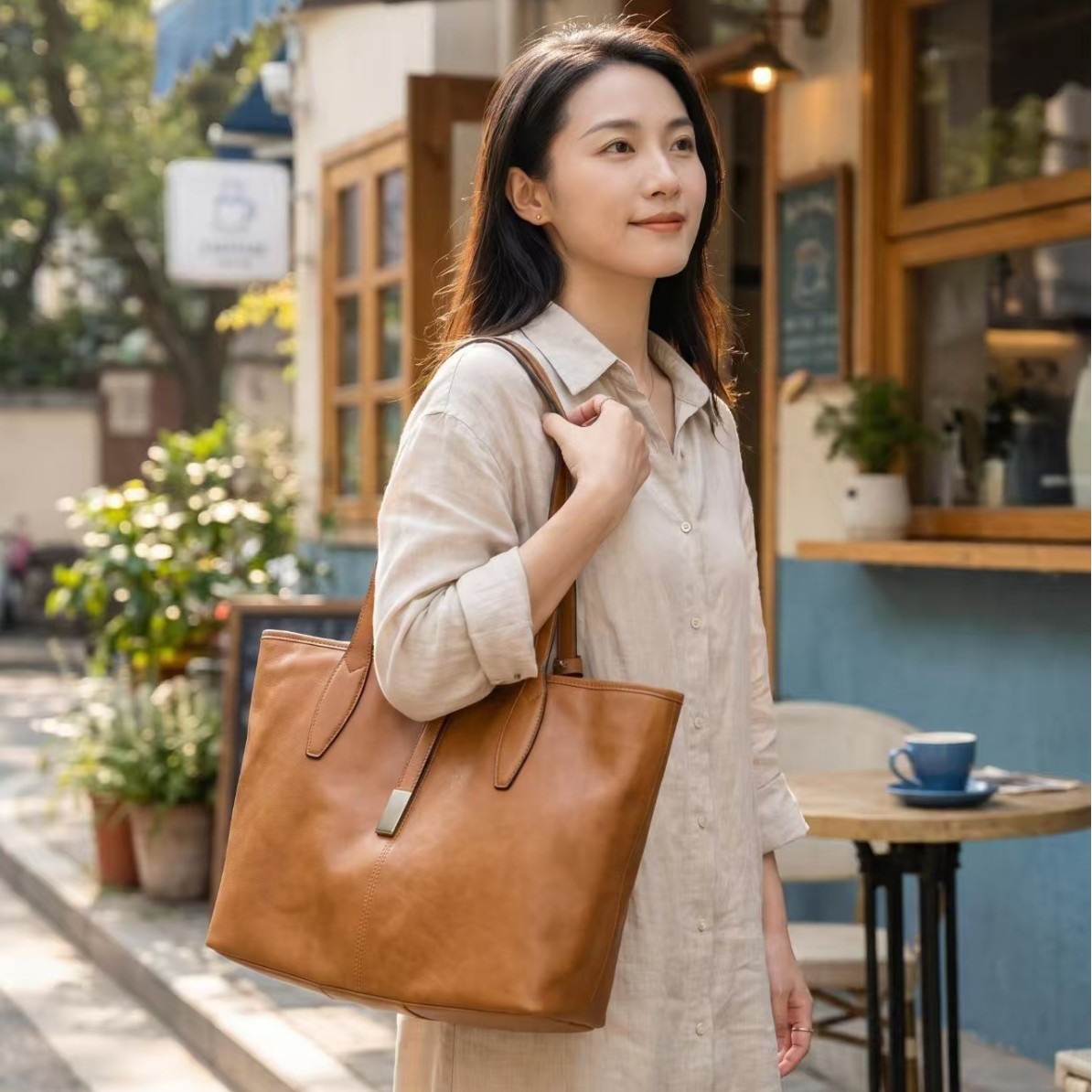 求真植鞣牛皮漫漫托特包女大容量通勤包真皮休闲单肩包2026年新款