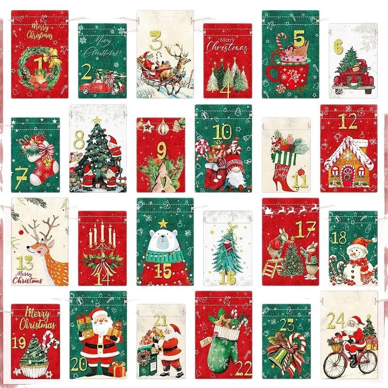 2025 クリスマスアドベントカレンダーカウントダウンデジタルイミテーションリネンギフトバッグクリスマスセット巾着包装袋|undefined