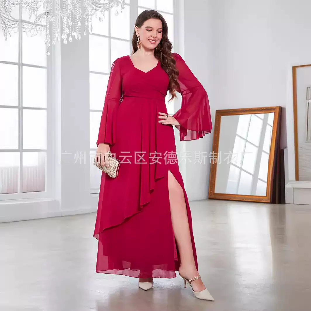 欧美大码女装V领不规则大摆开叉雪纺连衣裙礼服亚马逊女裙伴娘服