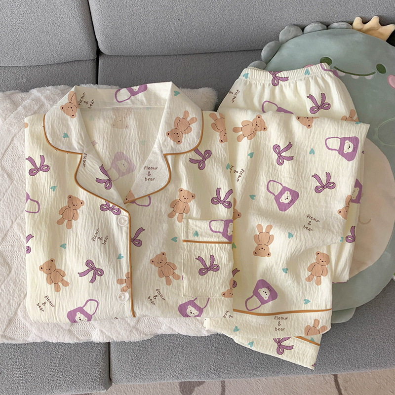 Soft and Cute Bear-Themed Pajamas for Women, Spring and Summer Short-Sleeve Long Pants, High-Quality Home Wear, Cloud Cotton Set Wholesale