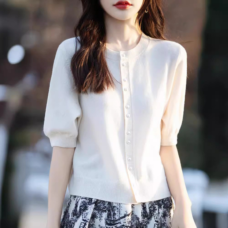 春秋夏季泡泡袖收腰短款上衣薄外套安迪绒半袖针织开衫女圆领中袖