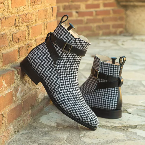 Cross-border New Men's Fashion Houndstooth Ankle Boots European and American plus size High-top Buckle Leather Shoes British-style Show Men's Boots