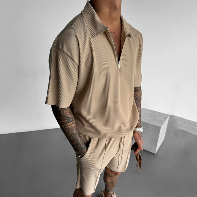 Men's Gender Men's Solid Color Casual Turndown Short Sleeve Loose Men's Sets