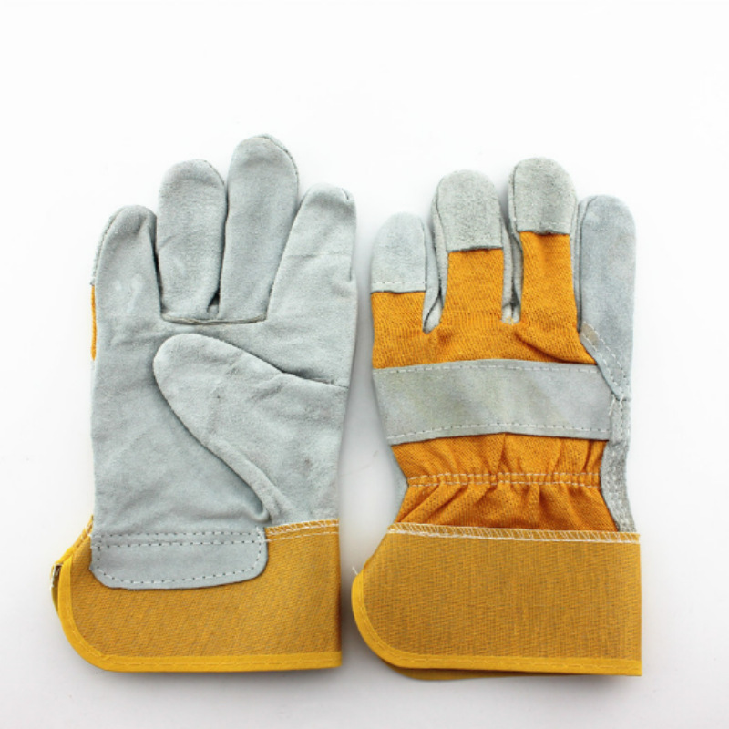 牛皮黄布全掌电焊手套黄布二层牛皮短电焊双层耐高温耐磨防烫焊工