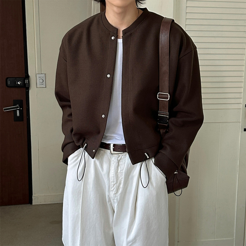 High-End Brown Round-Neck Fur Jacket for Men, Spring Korean Style Short Suede Coat with Wide Shoulder Silhouette Cardigan Top High-End Brown Round-Neck Fur Jacket for Men, Spring Korean Style Short Suede Coat with Wide Shoulder Silhouette Cardigan Top