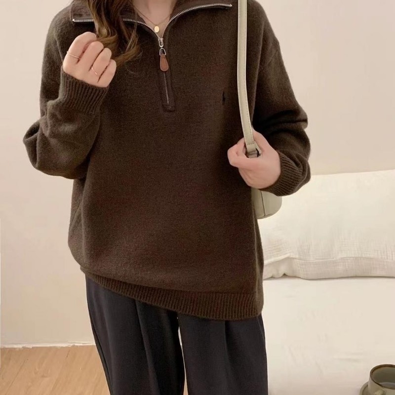 韩系小马刺绣半拉链翻领套头毛衣女秋冬季新款宽松百搭针织衫上衣|undefined