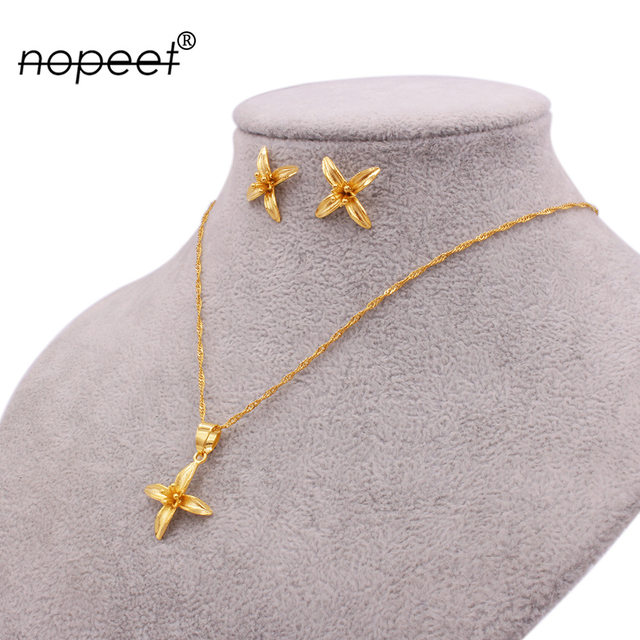 NOPEET Dubai 24k Gold Plated Jewelry Set Indian Bridal African Necklace Earring Jewelry Two Piece