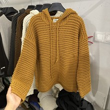 韩国复古粗线软糯连帽毛衣女外穿秋冬宽松慵懒套头针织衫加厚上衣