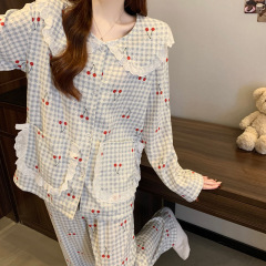 お姫様風の甘いさくらんぼパジャマ女性春の雲綿カーディガン長袖ズボンの薄い家庭服セット卸売り