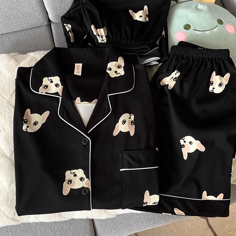 Cartoon Puppy Couple Pajamas for Men and Women, Summer Pure Cotton Short-Sleeved Three-Piece Suit That Can Be Worn Outside, Thin Home Clothes
