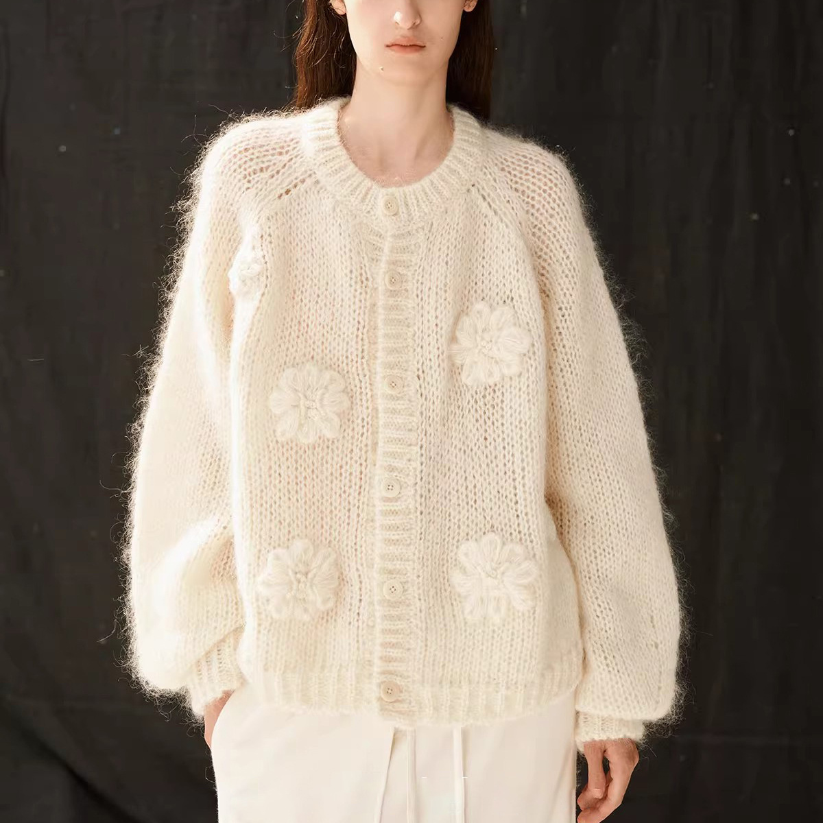 Super Fine Wool Mohair Heavy Hand-Embroidered Three-Dimensional Camellia Gentle Romantic Knitted Cardigan Round Neck Sweater Coat