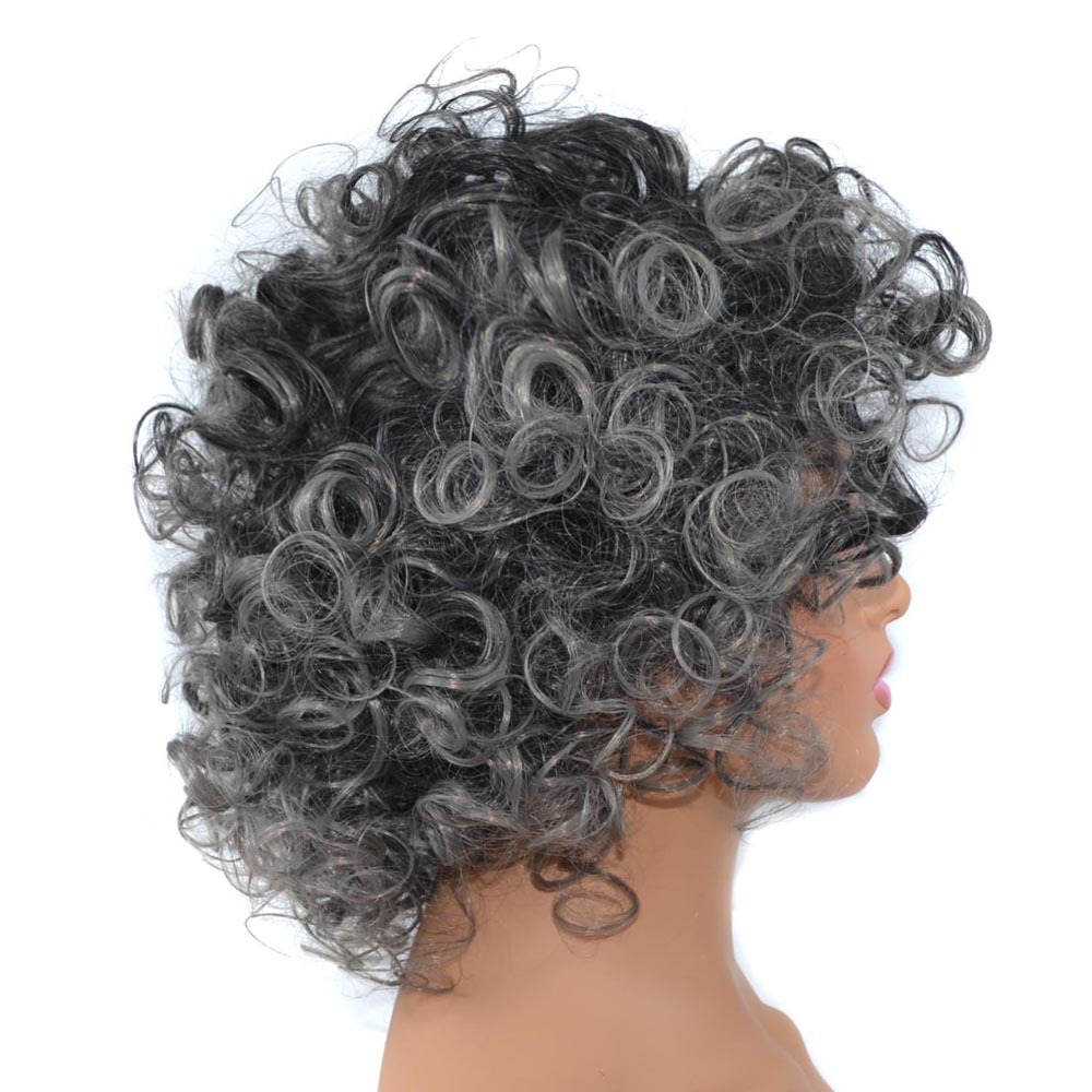 Synthetische pruik Zwart zilvergrijze korte pruik met licht gekrulde chemische vezels, explosieve kop, pluizig krullend haar, hoofdband_voghion.com