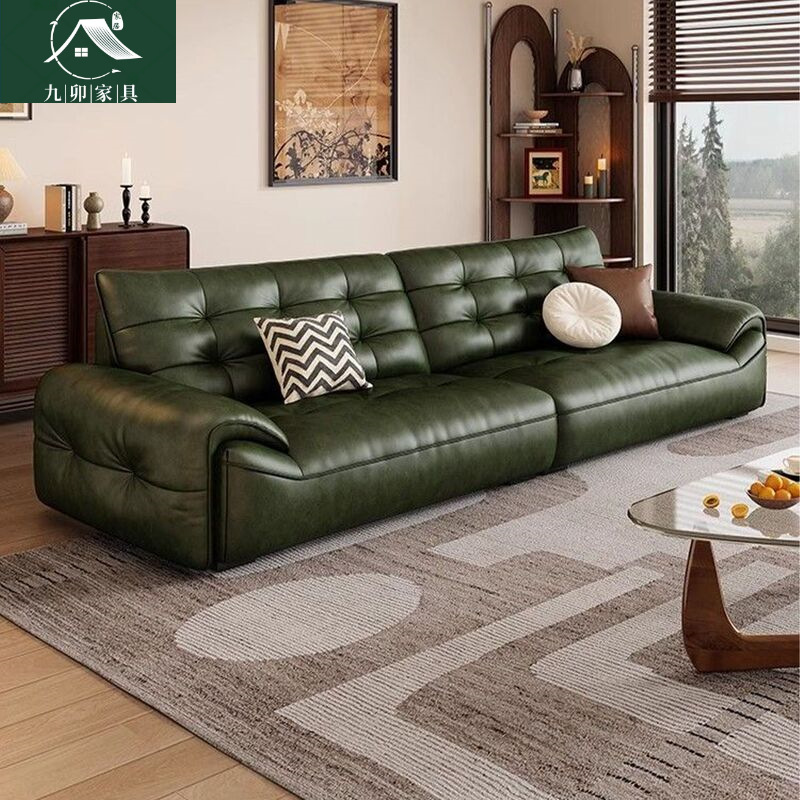 复古真皮沙发中古风轻奢客厅小户型贵妃直排法式宽坐深油蜡皮沙发