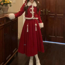 新年战袍小香风套装2023秋冬新款甜美显瘦红色长袖厚外套+半身裙