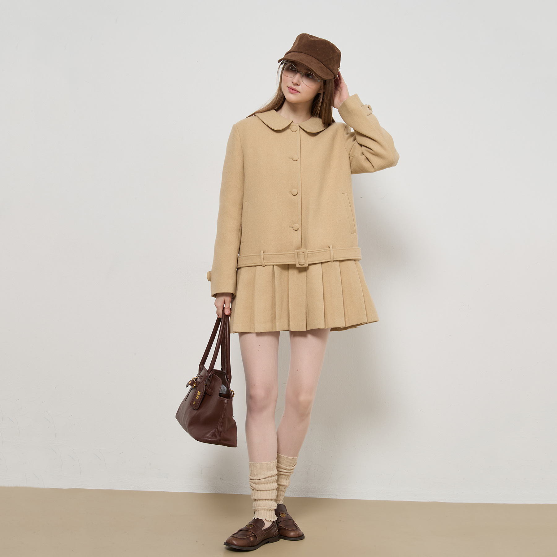 Down Lining, Turn-Down Collar, Pleated Skirt, Wool Coat, Women's Woolen Outerwear, 2025 Autumn and Winter New Trendy Style for Petite Sizes