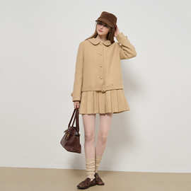 南韩艺高羽绒内胆翻领百褶裙羊毛大衣女毛呢外套2025秋冬新款潮流