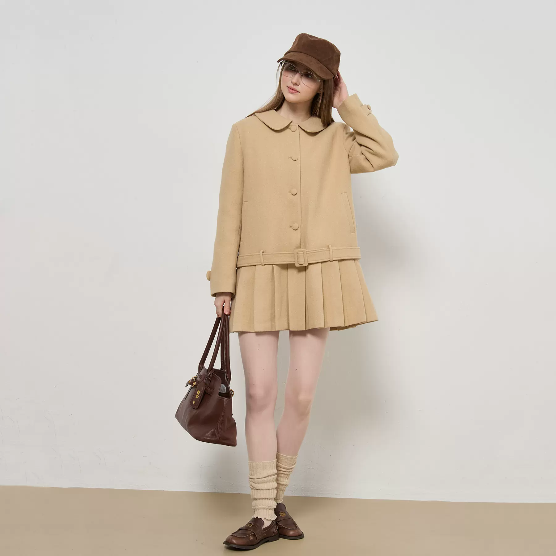 南韩艺高羽绒内胆翻领百褶裙羊毛大衣女毛呢外套2025秋冬新款潮流