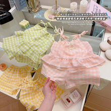 ins韩版睡衣女夏季云朵柔软吊带套装格子甜美休闲家居服两件套