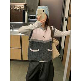 木四 复古拼色针织马甲开衫女宽松撞色显瘦秋冬马甲坎肩M6M7303