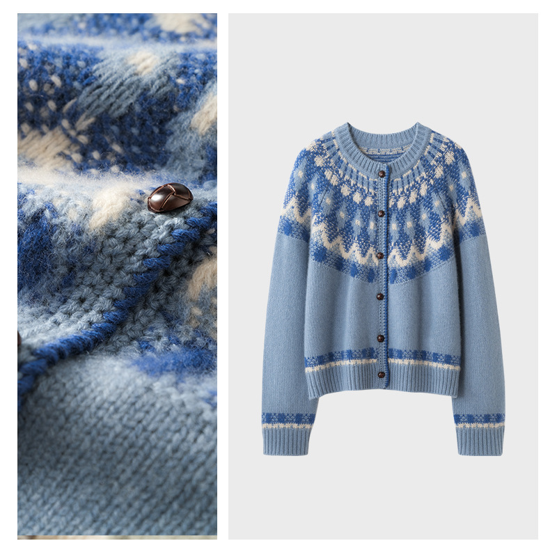 2026 Autumn/Winter 100% Cashmere Five-Star Cardigan with Round Neck and Multi-Layered Color-Block Pattern on the Upper Body and Sleeves