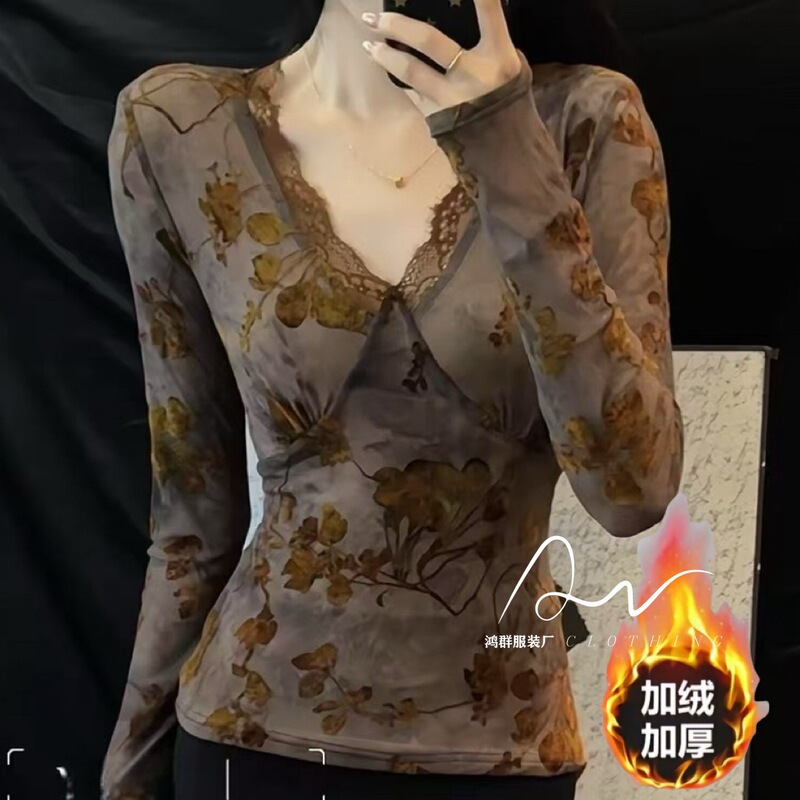 Light and Mature Style Sexy Long-Sleeved Slim-Fitting Bottoming Shirt Autumn and Winter New Style Lace Fashionable Versatile Velvet Top for Women Light and Mature Style Sexy Long-Sleeved Slim-Fitting Bottoming Shirt Autumn and Winter New Style Lace Fashionable Versatile Velvet Top for Women