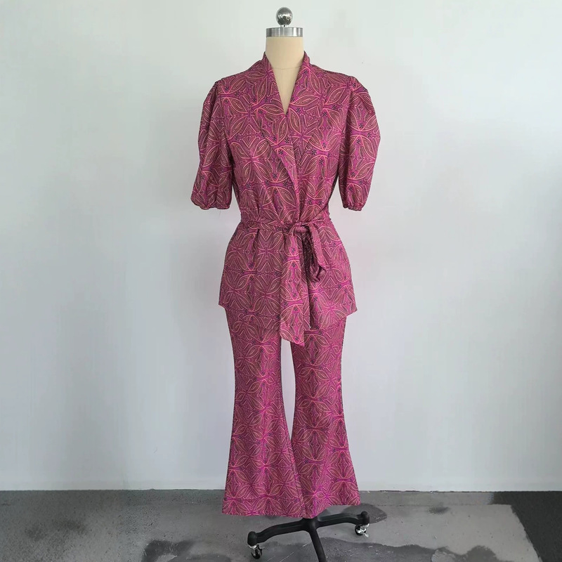 2026 European and American fashion cross-border new style printed lace-up waist short-sleeve wide-leg pants two-piece set for women, fashionable casual set 2026 European and American fashion cross-border new style printed lace-up waist short-sleeve wide-leg pants two-piece set for women, fashionable casual set