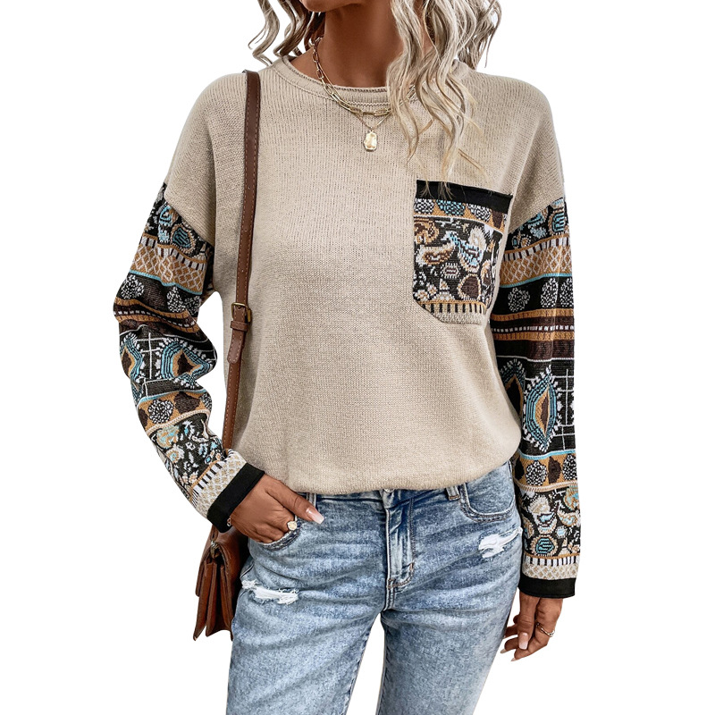 Women's Clothing Women's Autumn Knitted Loose Sweater Round Neck Color Block Long Sleeve Top For Formal & Casual For Women_ecoleips.com