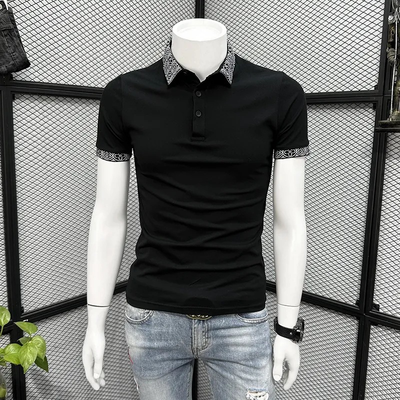 Men's Patterned Collar Polo Shirt Short Sleeve T-Shirt Summer Trendy Brand 2023 New Style Slim Fit High-End Collared T-Shirt