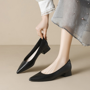 Weiwei Girl 5153-2 Pointed Shoes Women's Shallow Mouth Coarse Heel Shoes One-Foot Black Commuter Work Shoes