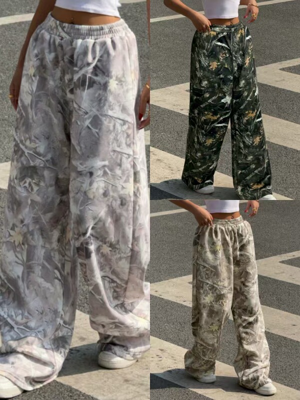 跨境2025美式青少年时尚休闲裤子弹力束腰迷彩印花显瘦阔腿拖地裤|undefined