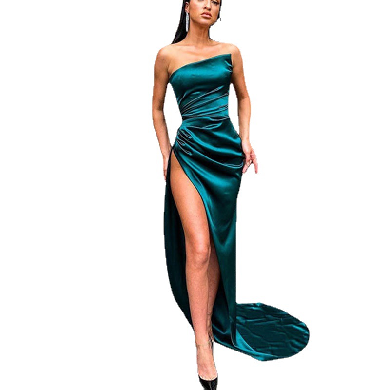 Comercio exterior de Europa y América Amazon AliExpress deseo estación independiente vestido de noche de las mujeres sexy tubo superior plisado vestido de hendidura image 5
