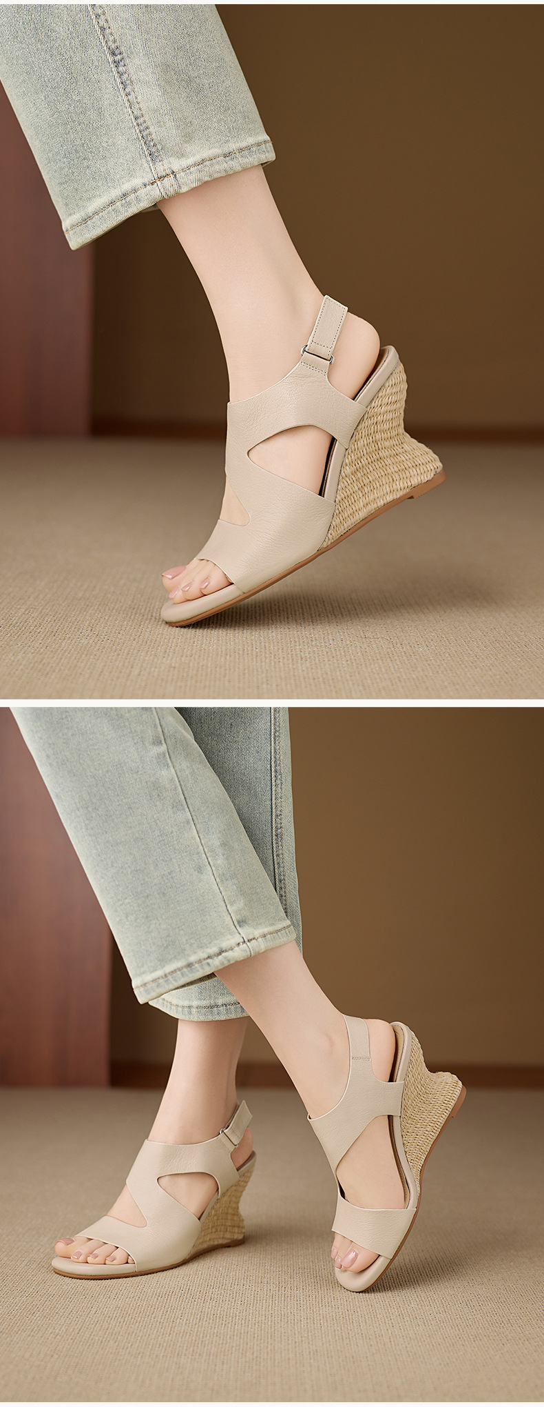 Sandal cao gót nữ quai ngang mũi hở chất liệu da cừu, đế cao gót bọc cói, khóa dán tiện lợi — màu trắng ngà, màu mơ chi tiết 5
