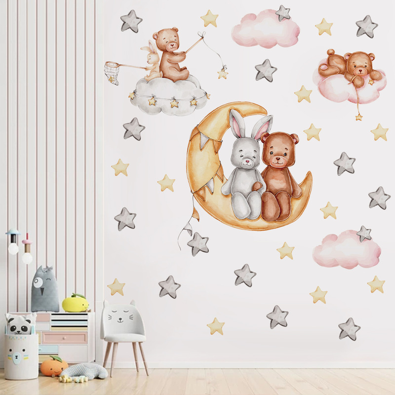 Funlife sleeping animal children's room background decoration cartoon rabbit bear DIY bedroom wall sticker PY017