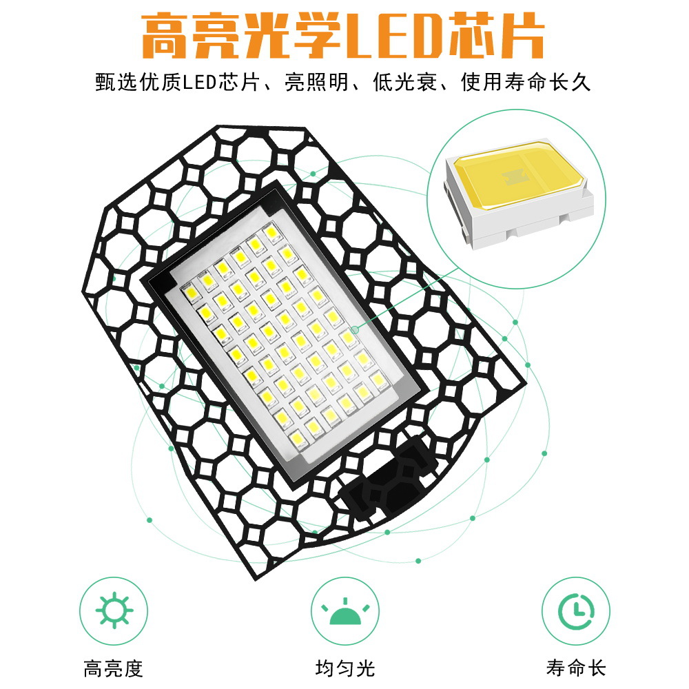LED industrial and mining lamp, four-leaf folding, deformed garage lamp E27, warehouse and factory lighting lamp 100W high-power ceiling lamp