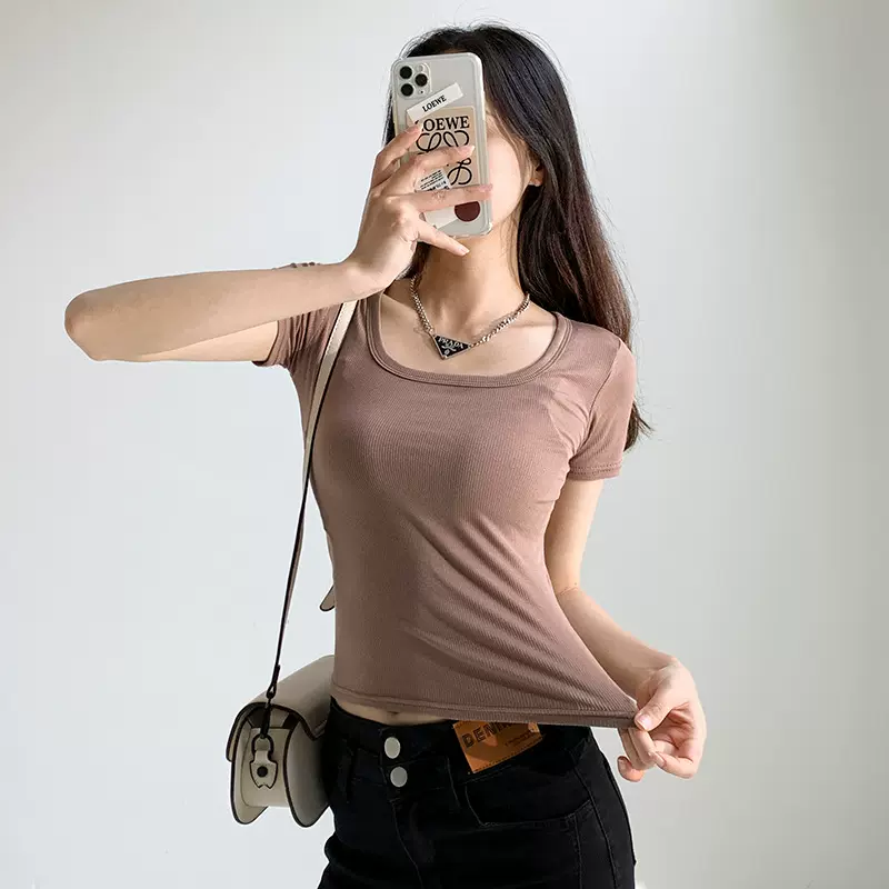 u领短袖外穿打底春装韩版大码上衣女2026夏季修身显瘦纯色白色T恤