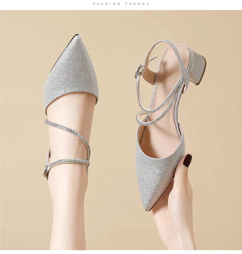 Sandal nữ gót trung bình mũi kín quai ngang khóa cài kiểu bướm — 7159 màu bạc, 7159 màu sâm panh chi tiết 6