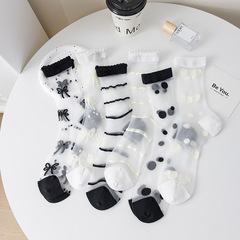 Summer Japanese-style bow sock for girls, ultra-thin lace mesh glass fiber black Lolita crystal mid-calf socks