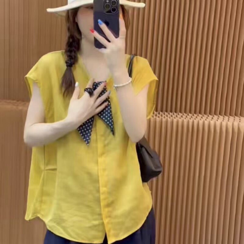 New Bow Fashion Short-Sleeved Shirt 2025 Summer Loose Belly-Covering Slim Shirt Design Versatile Top New Bow Fashion Short-Sleeved Shirt 2025 Summer Loose Belly-Covering Slim Shirt Design Versatile Top