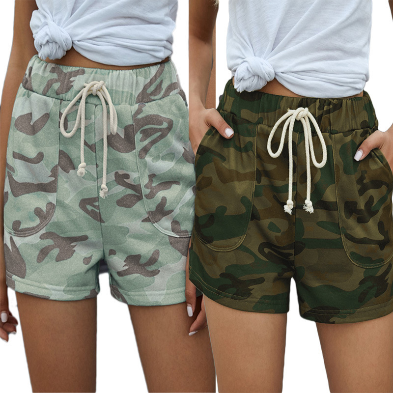 Amazon European and American Cross-Border Women's Clothing Summer New Casual Lace-Up Camouflage Shorts Mid-Waist Loose Straight Beach Pants